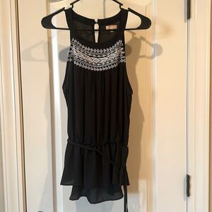 TAKARA - Black Blouse w/Embroidered Neck, elastic Waist w/thin belt